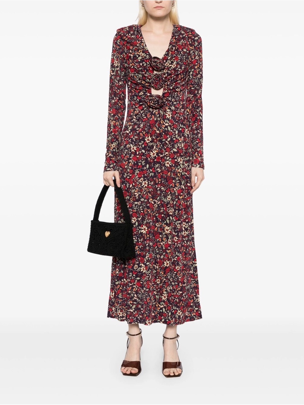 FARM Rio long sleeve knot midi dress cutout bodice 3D floral rosettes Large